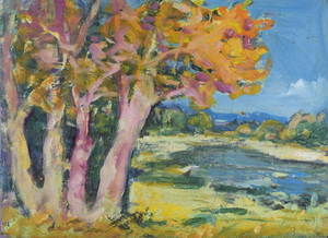 Werkverzeichnis Nr. 964, um 1976, Baumgfuppe an einem Gewässer, Öl auf Karton, 40,2 x 55,0 cm