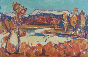 Werkverzeichnis Nr. 940, um 1976, Ostersee, Blick auf Herzogstand und Heimgarten, Öl auf Karton, 40,3 x 61,8 cm