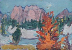 Werkverzeichnis Nr. 981, um 1976, Bergmassiv an einem See mit rotem Baum, Öl auf Karton, 40,4 x 56,8 cm, 
						Rückseite von Werkverzeichnis Nr. 240, um 1965, Berg mit Baum  