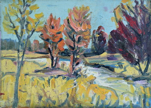 Werkverzeichnis Nr. 960, um 1976, Bach mit Bäumen, Öl auf Karton, 40,8 x 58,5 cm