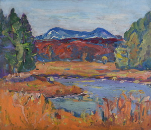 Werkverzeichnis Nr. 941, um 1976, Ostersee, Blick auf Herzogstand und Heimgarten, Öl auf Karton, 40,1 x 46,4 cm