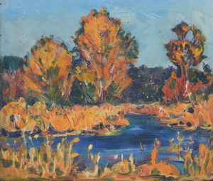 Werkverzeichnis Nr. 962, um 1976, Gewässerufer mit Bäumen und Wald, Acryl auf Karton, 49,2 x 57,4 cm
