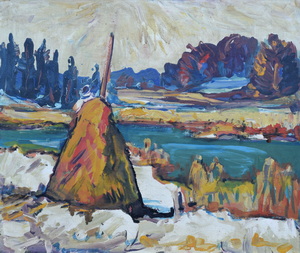 Werkverzeichnis Nr. 972, um 1976, Winterliche Seelandschaft mit Heuhocke, Öl auf Karton, 49,3 x 57,6 cm