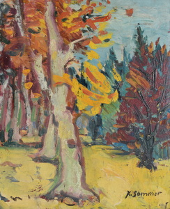 Werkverzeichnis Nr. 982, um 1976, Bäume an einem Wald, Öl auf Karton, 55,0 x 44,5 cm,
						bez. u.r.: K. Sommer,
						Rückseite bemalt mit Werkverzeichnis Nr. 687, Flieder in brauner Vase, um 1976