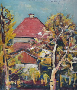 Werkverzeichnis Nr. 370,  1968, Häuser und Bäume in Hartmansnshofen, in München-Moosach, Öl auf Karton, 57,0 x 49,0 cm