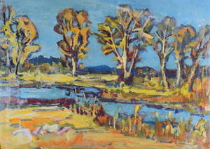 Werkverzeichnis Nr. 966, um 1976, Bäume an einem Bach, Öl auf Karton, 57,2 x 80,3 cm