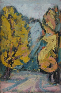 Werkverzeichnis Nr. 986, um 1976, Weg zwischen Bäumen, Öl auf Karton, 60,5 x 40,1 cm