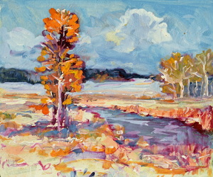 Werkverzeichnis Nr. 968, um 1976, Mooslandschaft mit Bäumen und Gewässer, Öl auf Karton, 40,0 x 60,0 cm<
