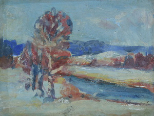 Werkverzeichnis Nr. 936, um 1976, Winterlandschaft mit Bach und Bäumen, Öl auf Karton, 27,1 x 35,1 cm
