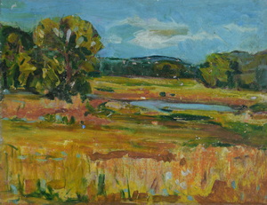 Werkverzeichnis Nr. 951, um 1976, Mooslandschaft mit Weiher, Öl auf Karton, 37,1 x 48,5 cm