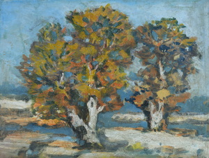 Werkverzeichnis Nr. 935, um 1976, Zwei Bäume, Öl auf Karton, 37,5 x 49,0 cm