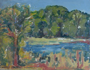 Werkverzeichnis Nr. 965, um 1976, Gewässer mit Bäumen, Öl auf Karton, 37,7 x 48,5 cm