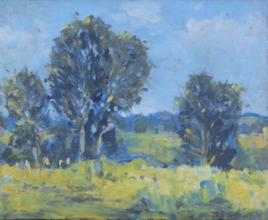 Werkverzeichnis Nr. 934, um 1976, Moolandschaft mit Bäumen, Öl auf Karton, 37,8 x 45,0 cm