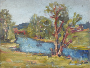 Werkverzeichnis Nr. 945, um 1976, Flusslandschaft mit Bäumen,  Öl auf Karton, 37,8 x 48,8 cm
