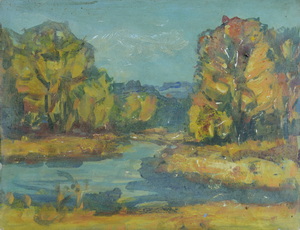 Werkverzeichnis Nr. 957, um 1976, Mooslandschaft mit Gewässer und Bäumen, Öl auf Karton, 38,1 x 48,5 cm