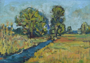 Werkverzeichnis Nr. 961, um 1976, Mooslandschaft mit Wassergraben und Bäumen, Öl auf Karton, 38,2 x 53,0 cm