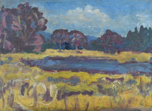 Werkverzeichnis Nr. 943, um 1976, Bäume an einem See,  Öl auf Karton, 38,3 x 52,4 cm