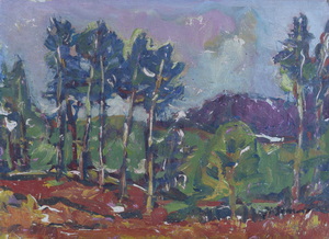 Werkverzeichnis Nr. 984, um 1976, Hügelige Landschaft mit Bäumen, Öl auf Karton, 38,5 x 53,0 cm