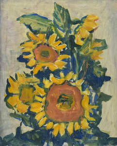 Werkverzeichnis Nr. 990, um 1976, Sonnenblumen vor heller Wand,  Öl auf Karton, 44,8 x 37,0 cm