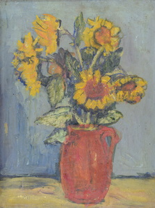 Werkverzeichnis Nr. 992, um 1976, Sonnenblumen in braunem Krug Vase vor hellgrauem Grund,  Öl auf Karton, 48,8 x 37,7 cm