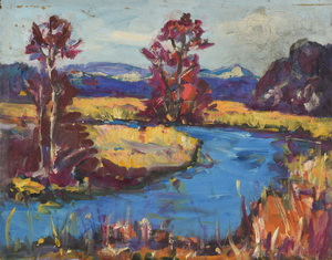 Werkverzeichnis Nr. 946, um 1976, Landschaft mit einem Fluß und Bäumen,  Öl auf Karton, 56,4 x 71,2 cm