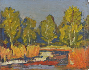 Werkverzeichnis Nr. 969 um 1976, Mooslandschaft mit Bäumen und Wasserlachen, Öl auf Karton, 56,5 x 71,0 cm<