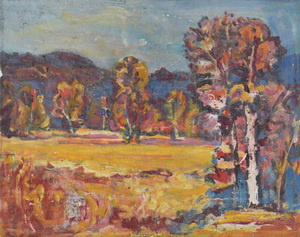 Werkverzeichnis Nr. 970, um 1976, Mooslandschaft mit Bäumen und Weiher, Öl auf Karton, 56,7 x 71,0 cm<