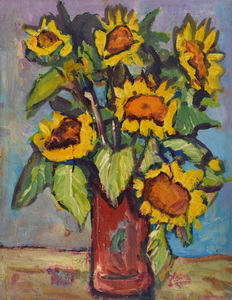 Werkverzeichnis Nr. 991, um 1976, Sechs Sonnenblumen in brauner Vase,  Öl auf Hartfaser, 65,9 x 51,3 cm