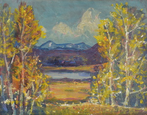 Werkverzeichnis Nr. 942, um 1976, Blick auf den Großen Ostersee, Herzogstand und Heimgarten, Öl auf Karton, 70,8 x 56,4 cm