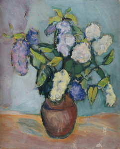 Werkverzeichnis Nr. 987, um 1976, Flieder in brauner Vase,  Öl auf Karton, 55,0 x 44,5 cm
						Rückseite von Werkverzeichnis Nr. 982, Bäume an einem Wald, um 1976