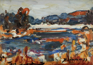 Werkverzeichnis Nr. 994, 1977, Winterliche Landschaft um einen See,  Öl auf Karton, 24,1 x 34,3 cm,
						bez. u.r.:  K. Sommer 77