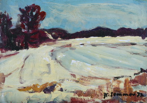 Werkverzeichnis Nr. 995, 1977, Schneebedeckte Felder mit Wald, Öl auf Karton 24,1 x 43,3 cm