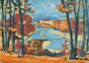 Werkverzeichnis Nr. 1004, 1977, Blick zwischen Bäumen auf die Isar, Öl auf Karton, 24,2 x 34,2 cm,
						bez. u.r.: K. Sommer 77