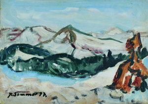 Werkverzeichnis Nr. 996,  1977, Schneebedeckte Berge mit einem roten Baum, Öl auf Karton, 24,2 x 34,2 cm,
						bez. u.l.:  K. Sommer 77