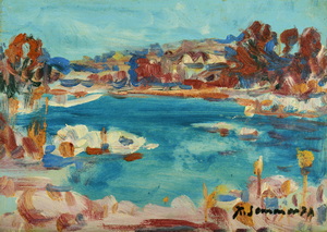 Werkverzeichnis Nr. 997,  1977, Winterlicher See mit Hügeln, Öl auf Karton, 24,2 x 34,3 cm,
						bez. u.r.:  K. Sommer 77