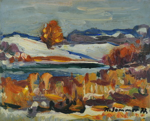 Werkverzeichnis Nr. 998,  1977, See mit Hügeln im Winter, Öl auf Karton, 24,3 x 29,9 cm,
						bez. u.r.:  K. Sommer 77