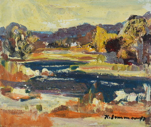 Werkverzeichnis Nr. 999, 1977, See mit Bäumen im Winter, Öl auf Karton, 25,1 x 30,0 cm,
						bez. u.r.:  K. Sommer 77
