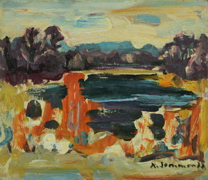 Werkverzeichnis Nr. 1001, 1977, Skizze eines Sees mit Bäumen, Öl auf Karton, 25,9 x 30,4 cm, 
						bez. u.r.:  K. Sommer 77