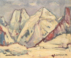 Werkverzeichnis Nr. 1029,  1977, Stubaier Alpen mit schneebeckten Gipfeln, Acryl auf Karton, 37,1 x 45,0 cm,
						bez. u.l.: Stubaier, bez. u.r.:  K. Sommer 77