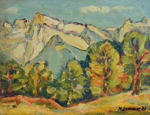 Werkverzeichnis Nr. 1030,  1977, Schneebedeckte Berggipfel mit grünen Bäumen, Öl auf Karton, 37,8 x 48,8 cm,
						bez. u.r.:  K. Sommer 77