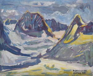 Werkverzeichnis Nr. 1033,  1977, Stubaier Alpen mit Gleirsch Tal, Acryl auf Karton, 54,2 x 64,8 cm,
						bez. u.r.:  K. Sommer 77, Gleirsch Tal