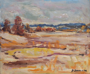 Werkverzeichnis Nr. 1013,  1977, Felder im Winter, Öl auf Karton, 54,4 x 65,0 cm,
						bez. u.r.:  K. Sommer 77