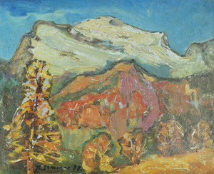 Werkverzeichnis Nr. 1021,  1977, Bergmassiv mit gelbem Baum, Öl auf Karton, 37,0 x 44,9 cm,
						bez. u.l.:  K. Sommer 77