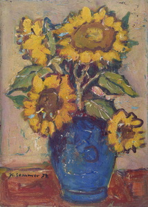 Werkverzeichnis Nr. 1060, 1977, Vier Sonnenblumen in blauer Vase, Öl auf Karton, 53,1 x 38,6 cm, bez. u.l.:  K. Sommer 77