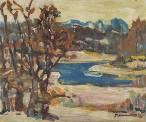 Werkverzeichnis Nr. 1016,  1977, Blick auf einen Voralpensee, Öl auf Karton, 54,4 x 64,8 cm,
						bez. u.r.:  K. Sommer 77
