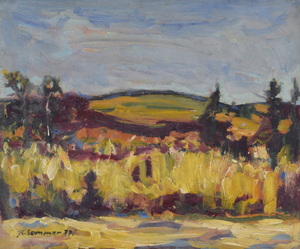 Werkverzeichnis Nr. 1015,  1977, Mooslandscahft mit flachem Hügel, Öl auf Karton, 54,4 x 65,0 cm,
						bez. u.l.:  K. Sommer 77