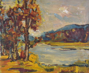 Werkverzeichnis Nr. 1008,  1977, Isar mit Bäumen, Öl auf Karton, 54,4 x 64,8 cm,
						bez. u.r.:  K. Sommer 77