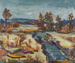 Werkverzeichnis Nr. 1003, 1977, Mooslandschaft mit Wassergraben und Bäumen, Öl auf Karton, 54,3 x 64,8 cm, 
						bez. u.r.:  K. Sommer 77