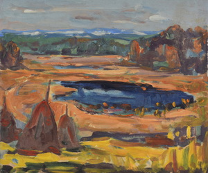 Werkverzeichnis Nr. 1002, 1977, Blick auf einen Moorsee mit Heuhocken, Öl auf Karton, 54,3 x 64,8 cm, 
						bez. u.r.:  K. Sommer 77