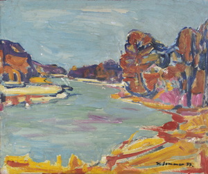 Werkverzeichnis Nr. 1009,  1977, Isar im Herbst, Öl auf Karton, 54,3 x 64,8 cm,
						bez. u.r.:  K. Sommer 77